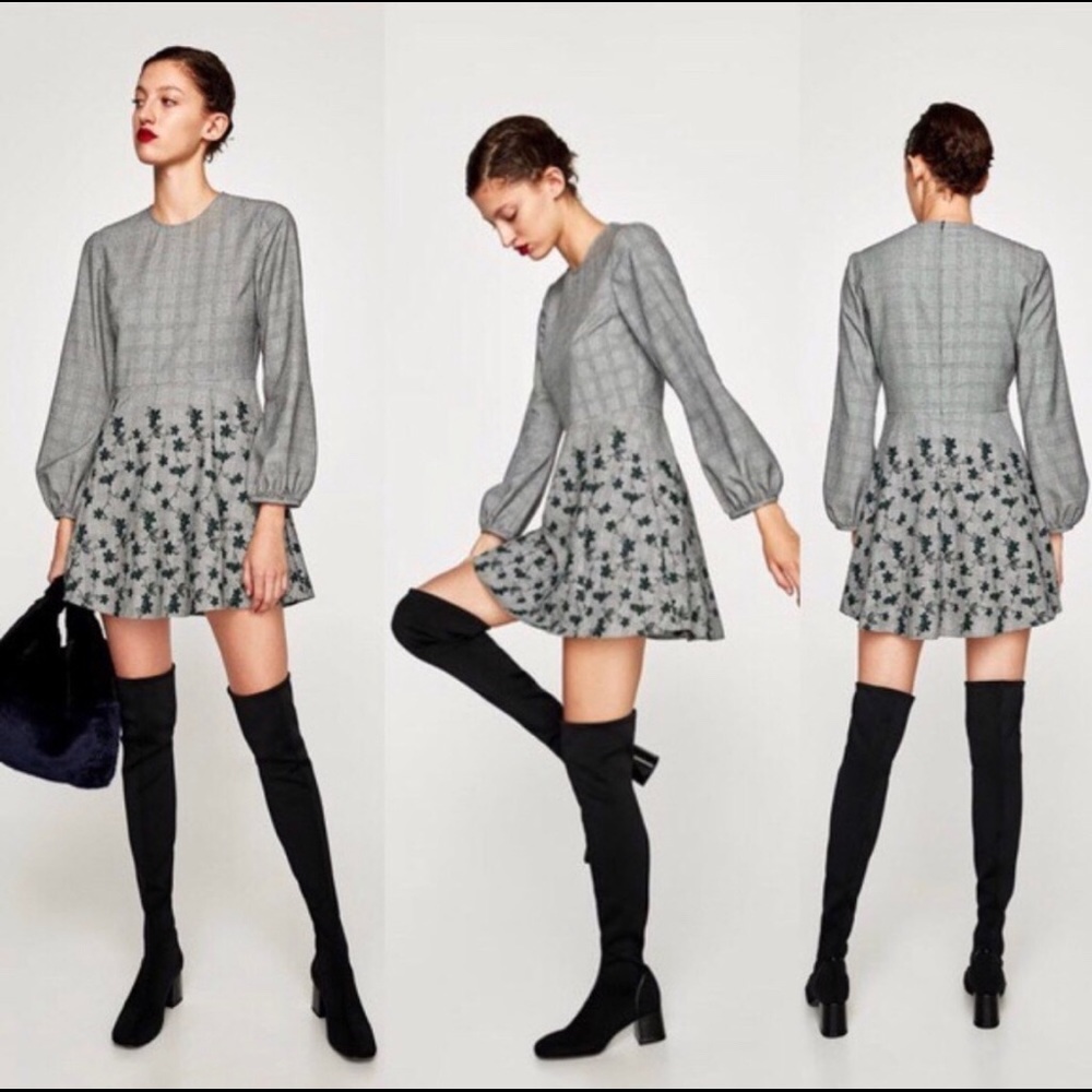 Zara plaid embroidered skater dress. Size L.
